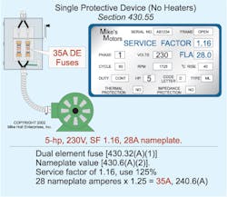Fig. 2. When working with motors that have a service factor rating of 1.15 or higher, size overload protection devices no more than 125% of the motor nameplate rating. Fig. 2. When working with motors that have a service factor rating of 1.15 or higher, size overload protection devices no more than 125% of the motor nameplate rating.
