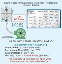Fig. 3. Size the overload protection device of a motor with a nameplate temperature rise rating of 40°C or less at no more than 125% of the motor nameplate current rating. Fig. 3. Size the overload protection device of a motor with a nameplate temperature rise rating of 40°C or less at no more than 125% of the motor nameplate current rating.