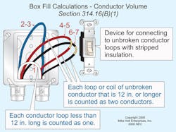 Fig. 1. To calculate conductor volume, use the guidelines above for certain box fill calculations. Fig. 1. To calculate conductor volume, use the guidelines above for certain box fill calculations.