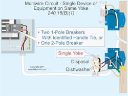 Fig. 1. Individual 1-pole breakers with identified handle ties are permitted for a multiwire branch circuit that only supplies line-to-neutral loads. Fig. 1. Individual 1-pole breakers with identified handle ties are permitted for a multiwire branch circuit that only supplies line-to-neutral loads.