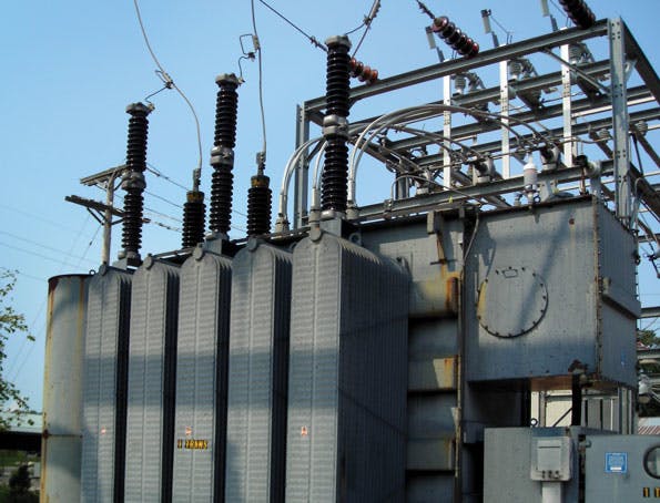 Large gray utility substation transformer