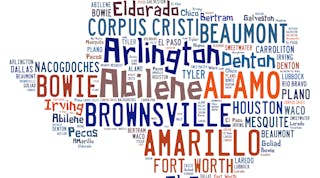 Word cloud shaped like Texas with the names of cities found in Texas