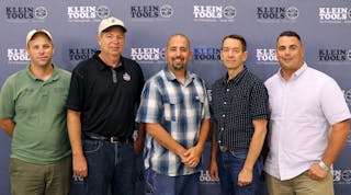 Klein Tools&apos; 2017 Electrician of the Year Regional Winners met in Texas to celebrate being finalists in the national competition and tour Klein&apos;s manufacturing facilities. From left: Harold Melia (Region 6), Kevin Wick (Region 3), Jimmy Ferris (Region 2), Brent Heesacker (Region 1) and Nathan Guerrero (Region 4) [Not pictured: Luis Gonzalez (Region 5)]