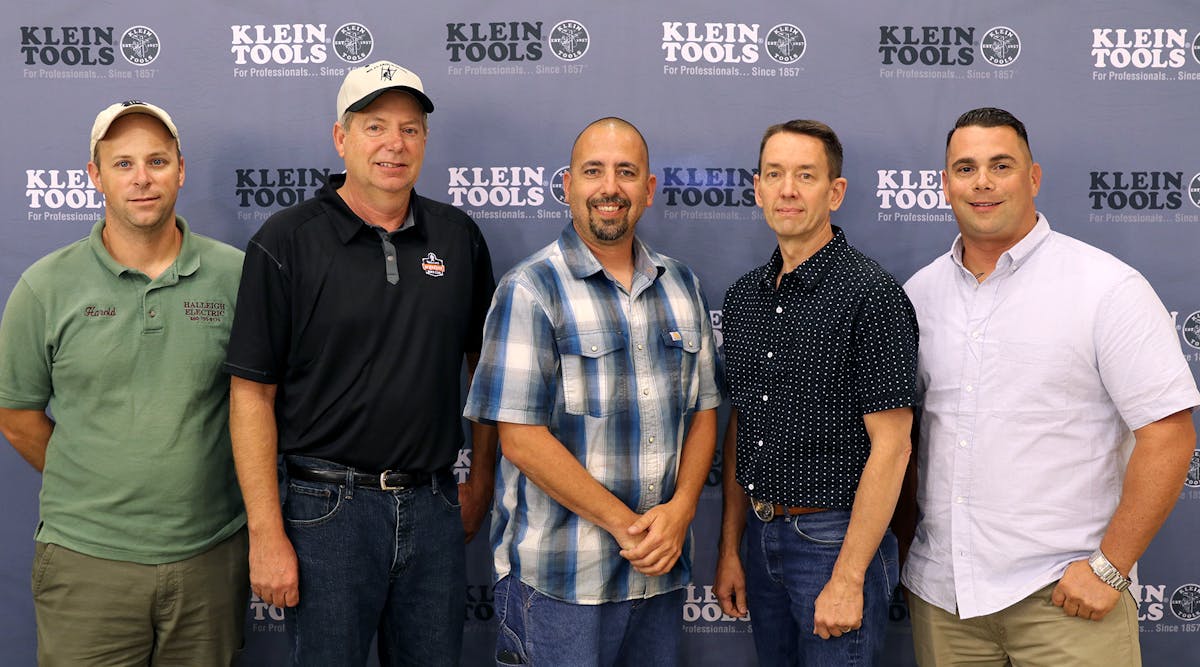 Klein Tools&apos; 2017 Electrician of the Year Regional Winners met in Texas to celebrate being finalists in the national competition and tour Klein&apos;s manufacturing facilities. From left: Harold Melia (Region 6), Kevin Wick (Region 3), Jimmy Ferris (Region 2), Brent Heesacker (Region 1) and Nathan Guerrero (Region 4) [Not pictured: Luis Gonzalez (Region 5)]