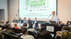 Panelists Robert Raymer of California Building Industry Association, (left to right) Tom Harvey, Tesla Energy, Garth Torvestad, ConSol, Chelsea Petrenko, Opinion Dynamics, and Brandon De Young, De Young Properties, listen to moderator Brad Hyatt of Fresno State at A Path to ZNE Symposium.