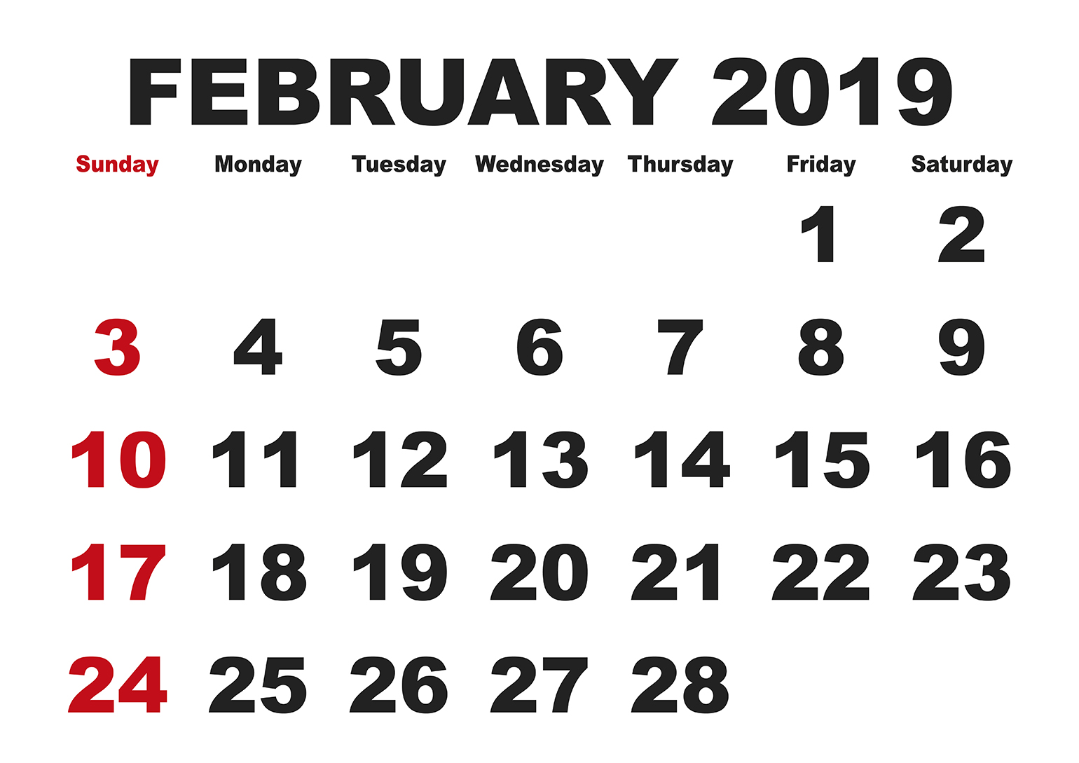 Februay 2019 calendar