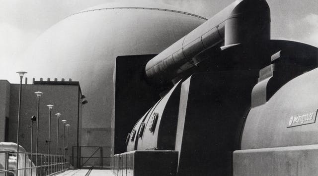 View of the San Onofre Nuclear reactor and large turbo generators at San Clemente, California, circa 1971.