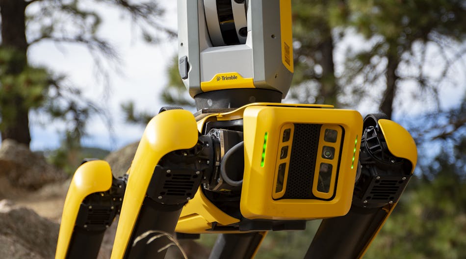Boston Dynamics&apos; Spot Robot with a Trimble X7 3D Laser Scanning System. A high-speed laser scanner with integrated imaging, automatic calibration and registration technologies as well as survey-grade self-leveling.