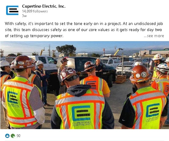 Cupertino Electric&rsquo;s social media posts help reinforce corporate values like safety.