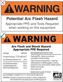 Fig. 2. Two examples of arc flash warning labels. The top label is inadequate, as it&rsquo;s missing a lot of crucial information.