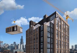 Artist’s rendering of hotel room module being placed on Marriott’s Manhattan AC Hotel in New York. Artist’s rendering of hotel room module being placed on Marriott’s Manhattan AC Hotel in New York.