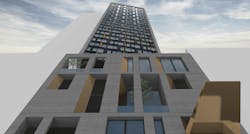 Artist’s rendering showing a street view of the fully completed Marriott Manhattan AC Hotel tower. Artist’s rendering showing a street view of the fully completed Marriott Manhattan AC Hotel tower.