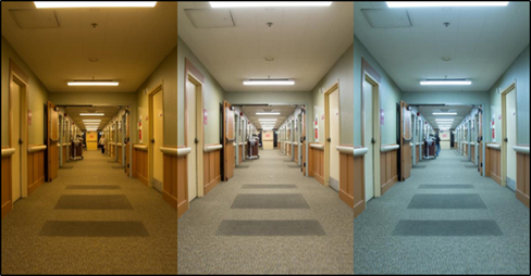 A corridor at the ACC Care Center showing three of the programmed settings for the tunable LED lighting.