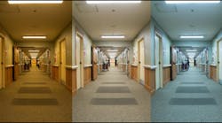 A corridor at the ACC Care Center showing three of the programmed settings for the tunable LED lighting.