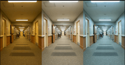 A corridor at the ACC Care Center showing three of the programmed settings for the tunable LED lighting. A corridor at the ACC Care Center showing three of the programmed settings for the tunable LED lighting.