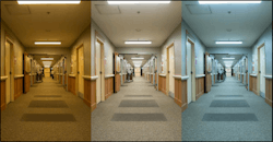A corridor at the ACC Care Center showing three of the programmed settings for the tunable LED lighting.