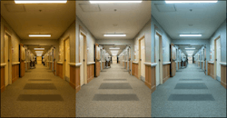 A corridor at the ACC Care Center showing three of the programmed settings for the tunable LED lighting. A corridor at the ACC Care Center showing three of the programmed settings for the tunable LED lighting.