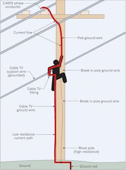 The heavy red line depicts the current path that ultimately killed a cable television technician. The heavy red line depicts the current path that ultimately killed a cable television technician.