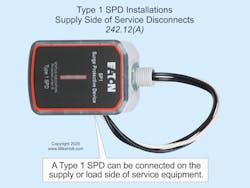 Fig. 2. The Type 1 SPD is a permanently connected SPD listed for installation on the supply side of the service disconnect. Fig. 2. The Type 1 SPD is a permanently connected SPD listed for installation on the supply side of the service disconnect.