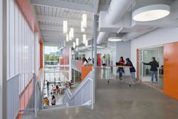 PBS Engineers worked with A4E to design the electrical systems for the new STEAM School for the Rio School District in Oxnard, Calif. The designs included 21st century classrooms with interconnecting spaces that fostered collaboration and critical thinking for the students. The school focuses on providing students the ability to learn progressively within the dynamic spaces. PBS Engineers worked with A4E to design the electrical systems for the new STEAM School for the Rio School District in Oxnard, Calif. The designs included 21st century classrooms with interconnecting spaces that fostered collaboration and critical thinking for the students. The school focuses on providing students the ability to learn progressively within the dynamic spaces.