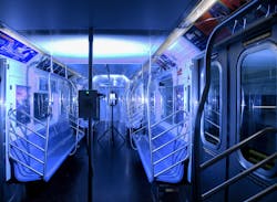 A New York City Metro Transit Authority subway car is bathed in germ-killing ultraviolet light emitted from portable and pole-based fixtures. A New York City Metro Transit Authority subway car is bathed in germ-killing ultraviolet light emitted from portable and pole-based fixtures.