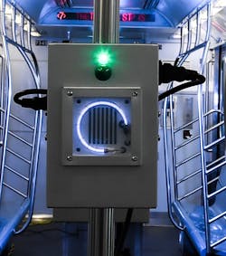 When operating, ultraviolet light fixtures inside New York City Metro Transit Authority cars display a green light, signaling that people should not be present. When operating, ultraviolet light fixtures inside New York City Metro Transit Authority cars display a green light, signaling that people should not be present.
