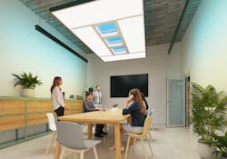 A mock-up of Signify’s new human-centric lighting entry, NatureConnect, which simulates shifting natural light in varying color mixtures via an artificial skylight and lightbar luminaires that project onto walls. A mock-up of Signify’s new human-centric lighting entry, NatureConnect, which simulates shifting natural light in varying color mixtures via an artificial skylight and lightbar luminaires that project onto walls.