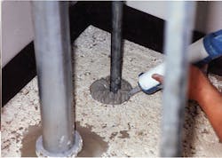 Install firestop into the opening around the service penetration to the depth/thickness required. Caulking must be in intimate contact with the substrate and the penetrating item.