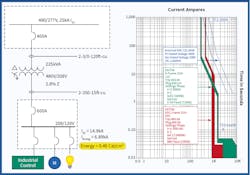 Fig. 3.This one-line diagram illustrates a primary 400A circuit breaker with an arc reduction maintenance switch in the ON position. In this case, the secondary arcing current is in the fast clearing time of the ARMS, resulting in low incident energy on the secondary. Fig. 3.This one-line diagram illustrates a primary 400A circuit breaker with an arc reduction maintenance switch in the ON position. In this case, the secondary arcing current is in the fast clearing time of the ARMS, resulting in low incident energy on the secondary.
