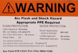 Photo 4. What makes this a proper label? The label illustrated is correct, as it provides the incident energy on it and the arc-flash PPE category based on the incident energy, not the tables. NFPA 70E cautions against having both values listed on the label.
