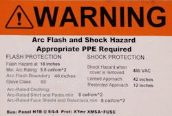 Photo 4. What makes this a proper label? The label illustrated is correct, as it provides the incident energy on it and the arc-flash PPE category based on the incident energy, not the tables. NFPA 70E cautions against having both values listed on the label. Photo 4. What makes this a proper label? The label illustrated is correct, as it provides the incident energy on it and the arc-flash PPE category based on the incident energy, not the tables. NFPA 70E cautions against having both values listed on the label.