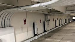 Guarantee Electrical, St. Louis, installed Tesla charging stations in a parking garage at a Streets of St. Charles (Mo.) mixed-use development in 2020.