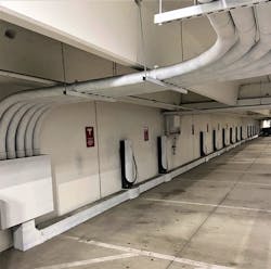 Guarantee Electrical, St. Louis, installed Tesla charging stations in a parking garage at a Streets of St. Charles (Mo.) mixed-use development in 2020. Guarantee Electrical, St. Louis, installed Tesla charging stations in a parking garage at a Streets of St. Charles (Mo.) mixed-use development in 2020.