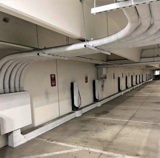 Guarantee Electrical, St. Louis, installed Tesla charging stations in a parking garage at a Streets of St. Charles (Mo.) mixed-use development in 2020.