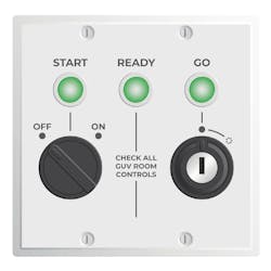Photo 2. Some UV-C germicidal lamp systems feature control systems that incorporate dedicated occupancy sensors, audible and visual alarms, emergency stop buttons, magnetic door sensors, and other measures that prevent operation of the germicidal luminaires if a person enters a room or space. Photo 2. Some UV-C germicidal lamp systems feature control systems that incorporate dedicated occupancy sensors, audible and visual alarms, emergency stop buttons, magnetic door sensors, and other measures that prevent operation of the germicidal luminaires if a person enters a room or space.