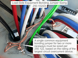 Fig. 3. Size the equipment bonding jumper based on the rating of the largest circuit overcurrent device. Fig. 3. Size the equipment bonding jumper based on the rating of the largest circuit overcurrent device.