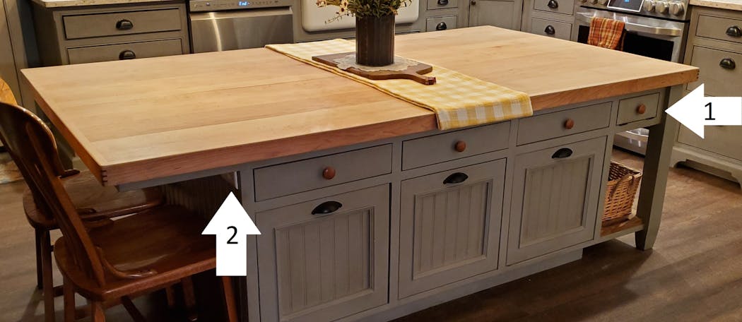 Photo 6. Although built before the implementation of the 2020 NEC requirements, this kitchen island shows installation solutions for receptacles that are safe and meet current Code requirements.