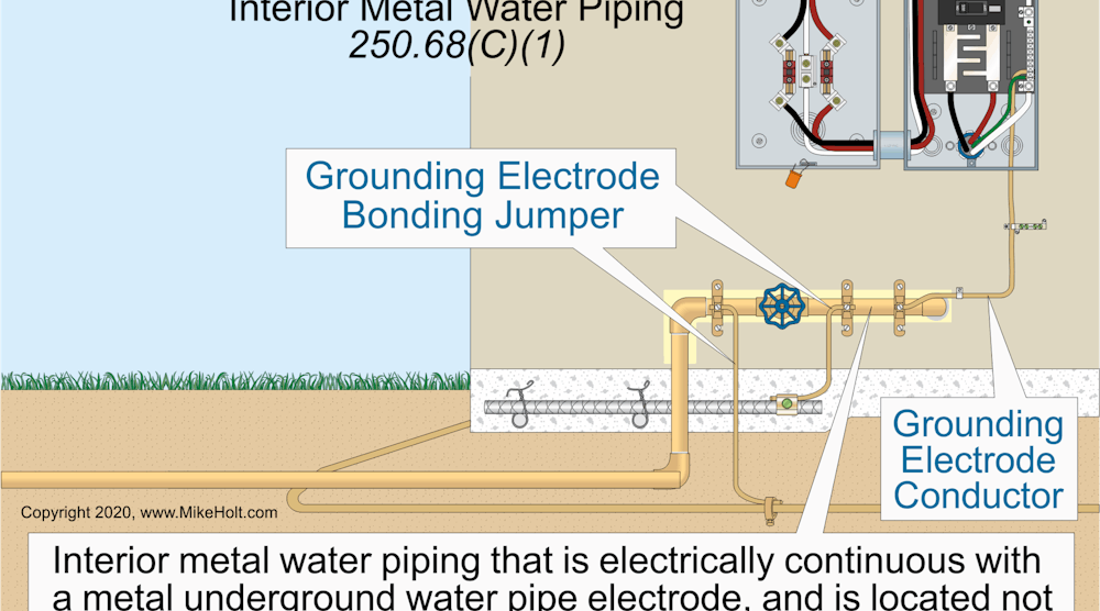 Interior metal water piping located more than 5 ft from the point of entrance to the building is not permitted to be used as a conductor to interconnect electrodes of the grounding electrode system.
