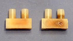 Photo 1. Two screw connectors in incipient failure. The barrels cannot accommodate a screwdriver blade wider than 3.5 mm; thus, the screws may not be adequately tightened upon installation. Photo 1. Two screw connectors in incipient failure. The barrels cannot accommodate a screwdriver blade wider than 3.5 mm; thus, the screws may not be adequately tightened upon installation.