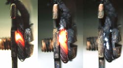 Photo 2. This shows overheating and glowing at a screw connection carrying 10A at 100VAC. Photo 2. This shows overheating and glowing at a screw connection carrying 10A at 100VAC.