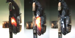 Photo 2. This shows overheating and glowing at a screw connection carrying 10A at 100VAC. Photo 2. This shows overheating and glowing at a screw connection carrying 10A at 100VAC.