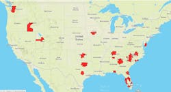 Fig. 2. The 25 MSAs shown on the map should outpace other MSAs in terms of electrical construction potential, according to Electrical Wholesaling magazine estimates developed from analysis of growth in population, employment, building permits, and unemployment rates. Most of these markets are in the Sunbelt or Intermountain states. Fig. 2. The 25 MSAs shown on the map should outpace other MSAs in terms of electrical construction potential, according to Electrical Wholesaling magazine estimates developed from analysis of growth in population, employment, building permits, and unemployment rates. Most of these markets are in the Sunbelt or Intermountain states.