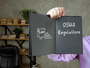 person holding open book with OSHA regulations text and law symbol