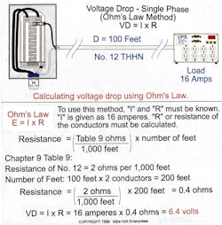Fig. 1. This example shows how to use Ohm's Law to calculate voltage drop of the circuit conductors in a single-phase, 120V circuit. Fig. 1. This example shows how to use Ohm's Law to calculate voltage drop of the circuit conductors in a single-phase, 120V circuit.