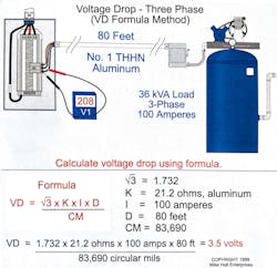 Fig. 2. This example shows how to use the VD Formula to calculate voltage drop of the circuit conductors in a 3-phase, 208V circuit.