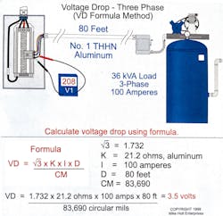 Fig. 2. This example shows how to use the VD Formula to calculate voltage drop of the circuit conductors in a 3-phase, 208V circuit. Fig. 2. This example shows how to use the VD Formula to calculate voltage drop of the circuit conductors in a 3-phase, 208V circuit.