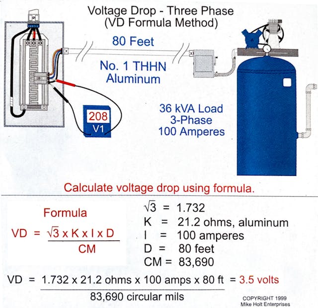 Fig. 2. This example shows how to use the VD Formula to calculate voltage drop of the circuit conductors in a 3-phase, 208V circuit.