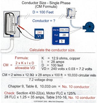 Fig. 1. This demonstrates how to calculate an appropriate conductor size to prevent voltage drop at the load.