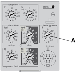 Fig. 3. New breakers can have as many as four trip elements, including long time, short time, instantaneous, and ground-fault pick-up/delay settings. Fig. 3. New breakers can have as many as four trip elements, including long time, short time, instantaneous, and ground-fault pick-up/delay settings.