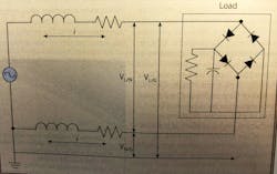 Fig. 1. Basic single-phase circuit and load. As the lad draws curent, a voltage drop develops across the supply and return conductors. N-G voltage measurements at the load will reflect the voltage drop across the return (neutral) conductor. Fig. 1. Basic single-phase circuit and load. As the lad draws curent, a voltage drop develops across the supply and return conductors. N-G voltage measurements at the load will reflect the voltage drop across the return (neutral) conductor.